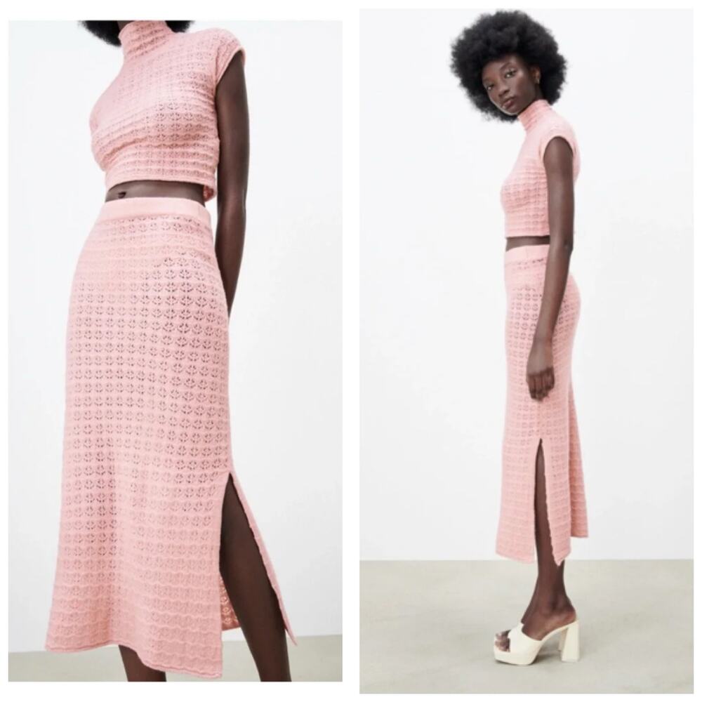 Zara Pointelle Knit Light Pink Midi Skirt Size Small Bodycon 5536/009 Girly